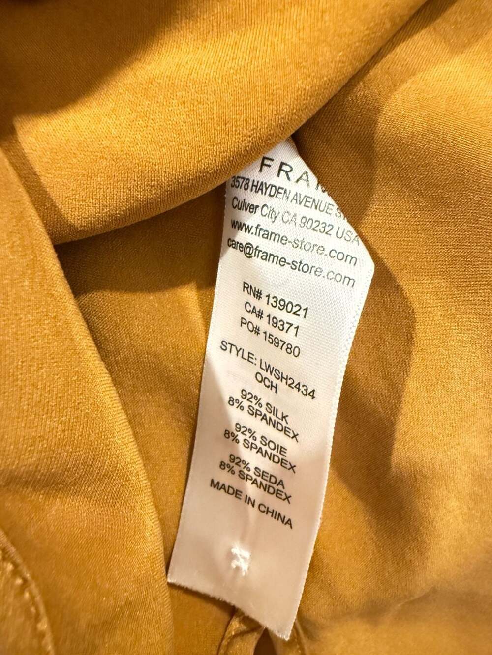 FRAME Silk Blend Mustard Yellow Long Sleeve Button Up Shirt Blouse XS LWSH2434 - Picture 6 of 6